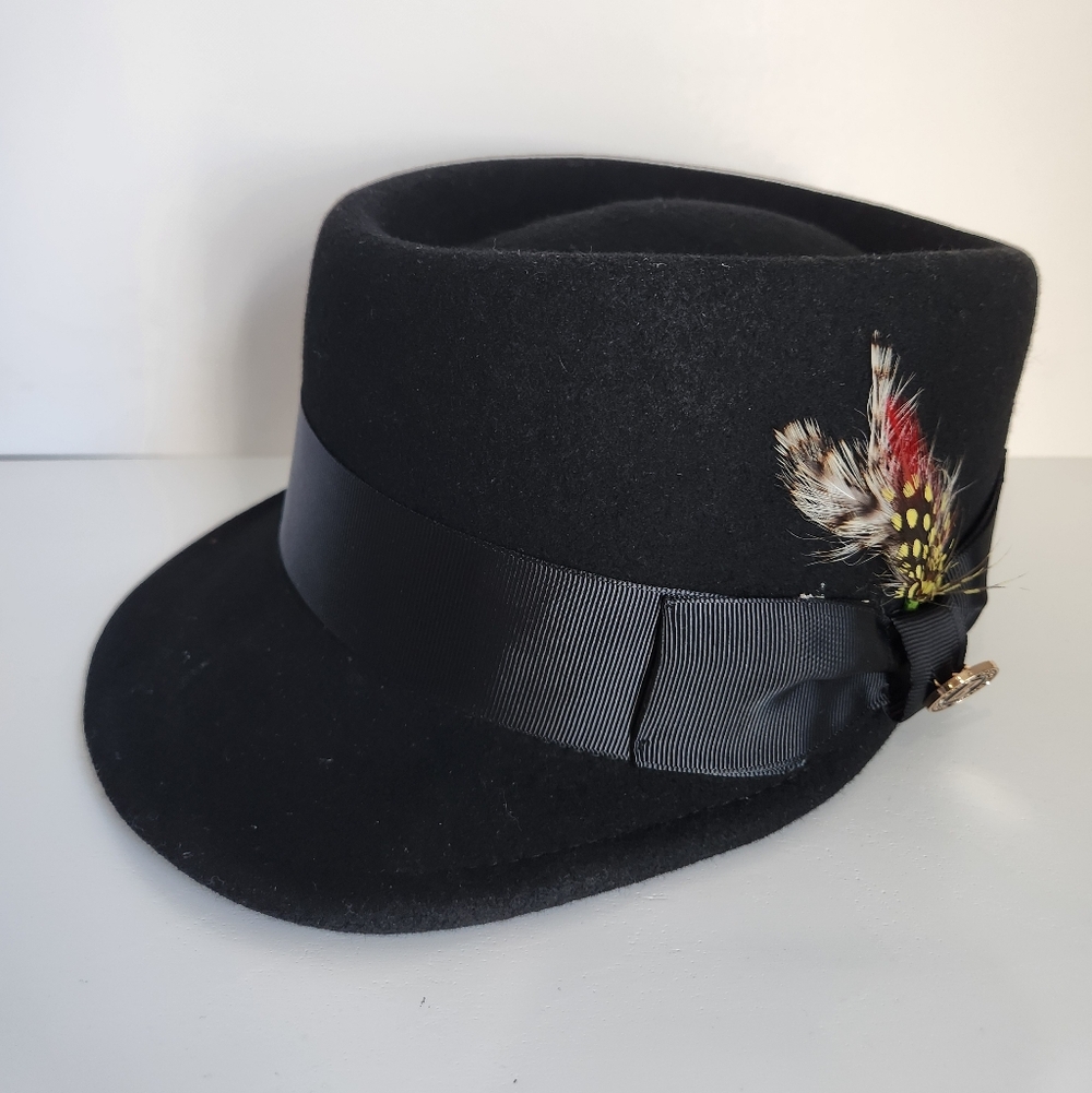 Bruno Capelo Mens Black Lightweight Designer Feather Pork Pie Hat Size M